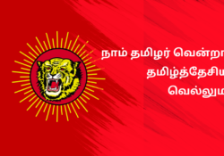 A vibrant red background with a stylized tiger emblem in the center, surrounded by radiant lines, with the Tamil question 'நாம் தமிழர் வென்றால் தமிழ்த்தேசியம் வெல்லுமா?' overlaid in bold white Tamil script.