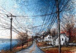 Scribble-art illustration of a long empty autumn road with power lines, houses, trees, and blue sky — used for Tamil poetry and nature reflections.