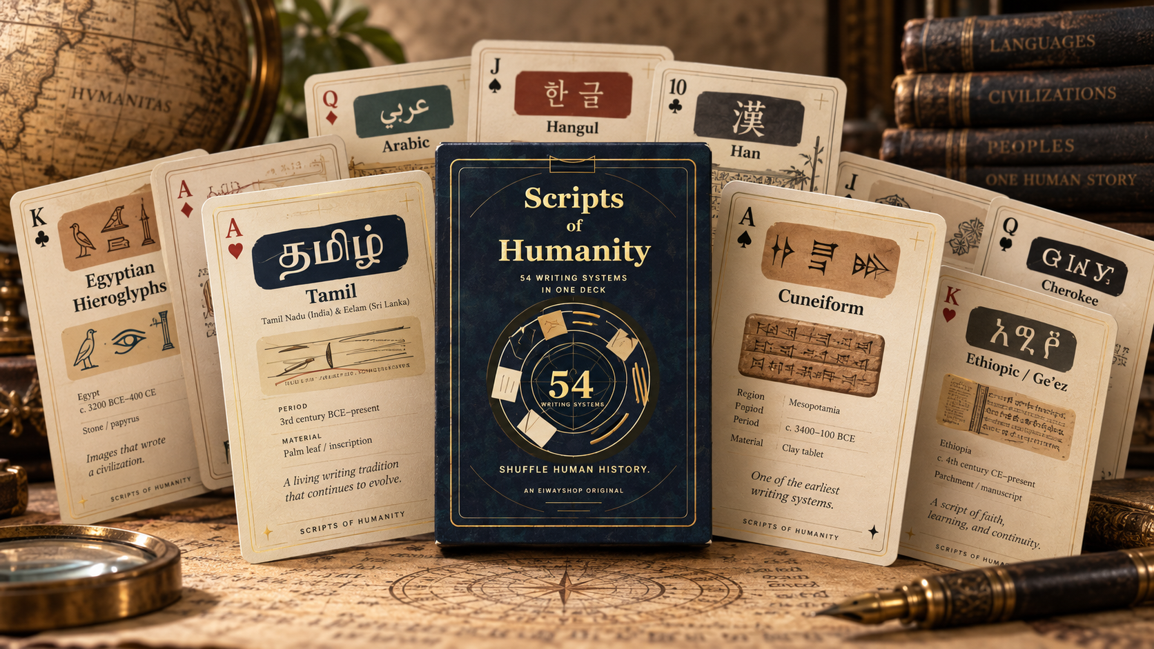 Scripts of Humanity prototype deck box surrounded by illustrated writing-system cards